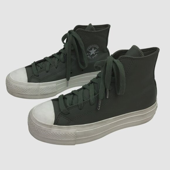 Converse CTAS Dark Green Leather High Top Platform Sneakers Womens 5 - Picture 1 of 13